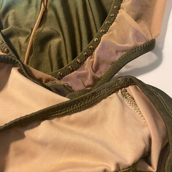 Custom solo dance costume leotard embellished olive green gold rhinestone SA - Picture 7 of 13